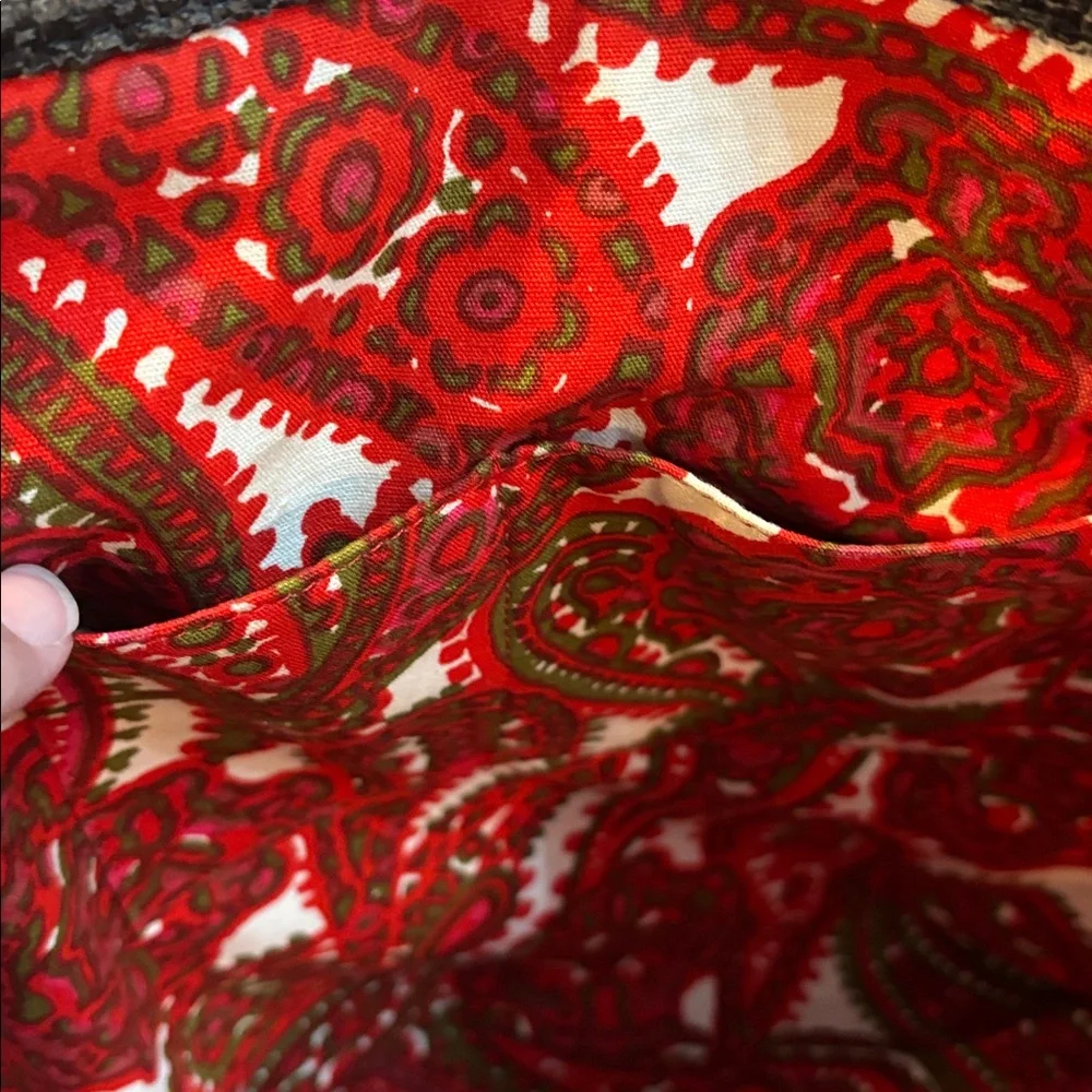 J. Crew‎ Reversible Red Paisley Cotton/Black Raffia Tote W Zip Pocket
